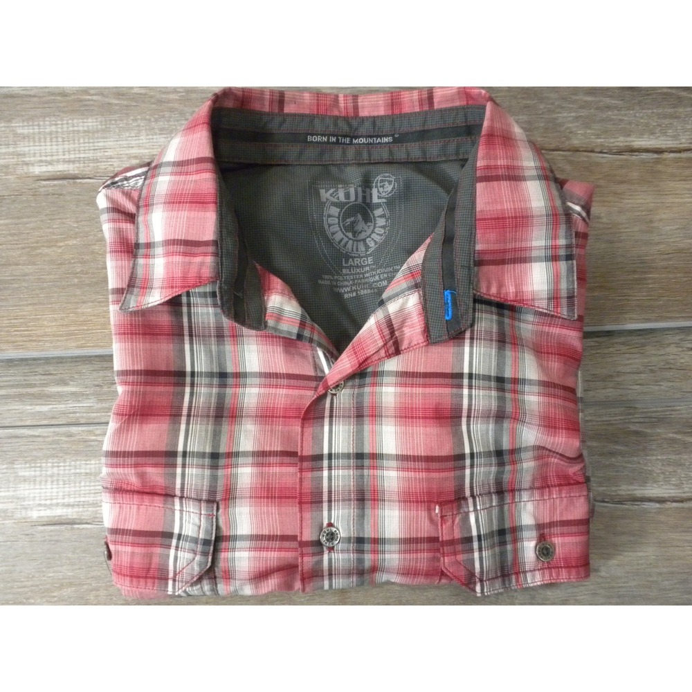 Kuhl Shirt Mens L Red Eluxur Ionik Plaid Button Up Granola Outdoor Hiking Trail